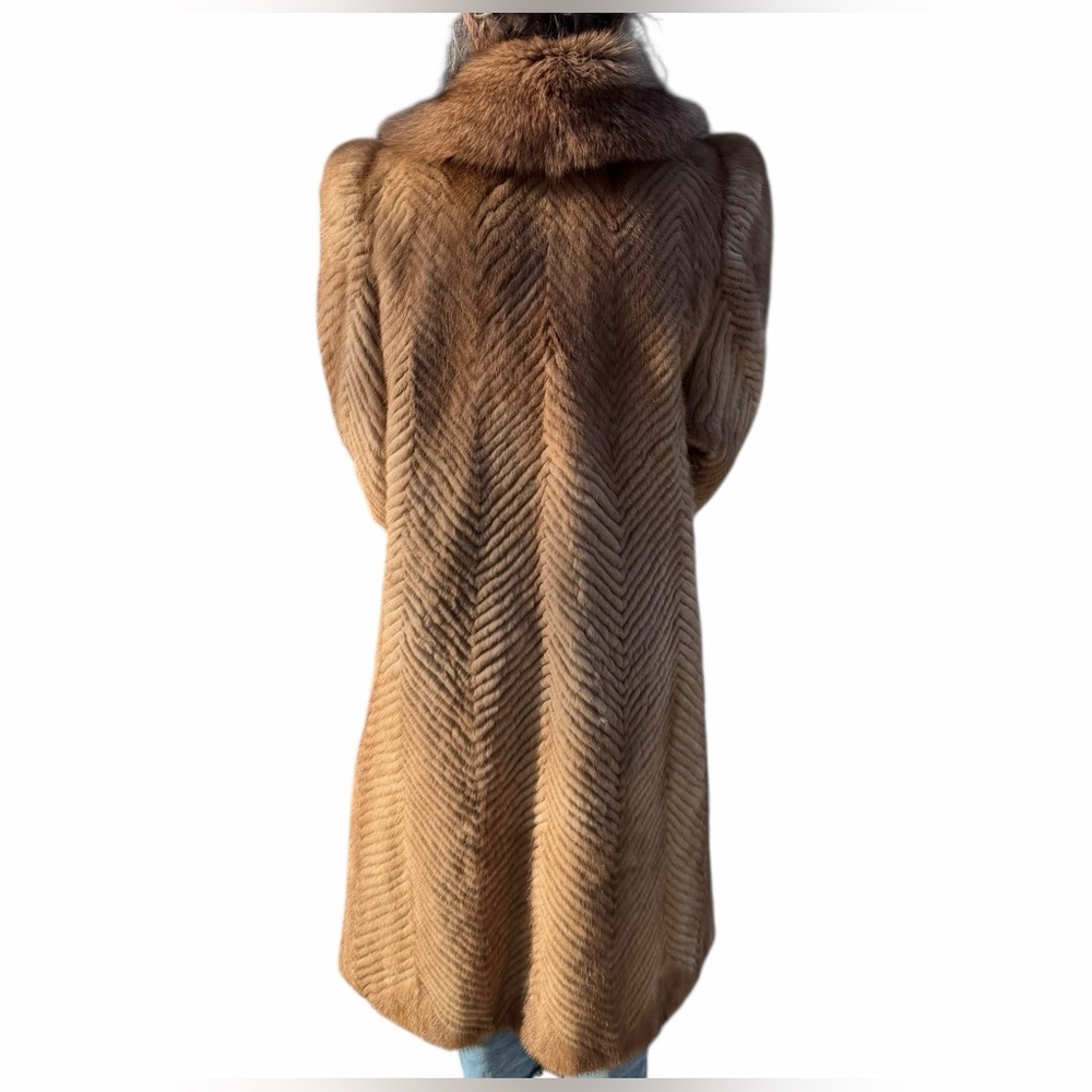 RARE Authentic SAGA Mink Fur Long Coat Camel Brown Herringbone SAGA Fox Trim M - Picture 11 of 14